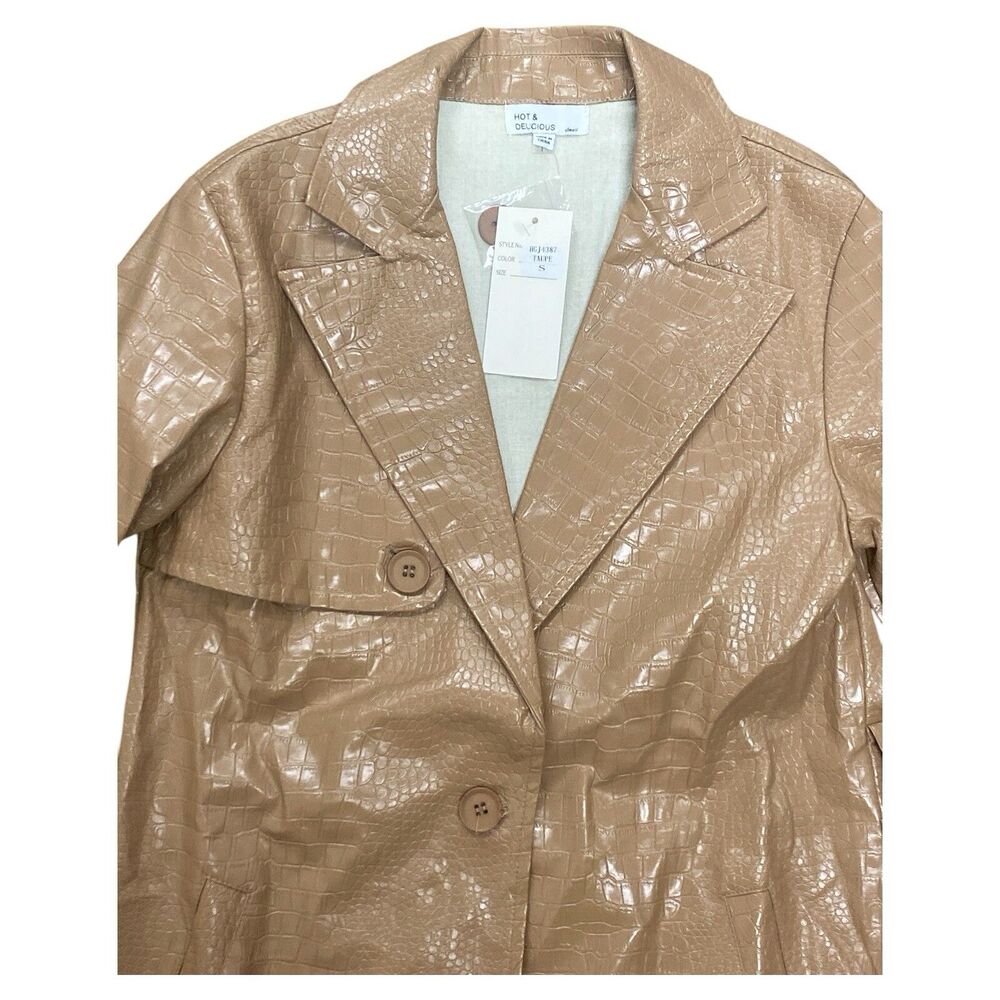 NWT Hot & Delicious Long Trench Coat Faux Leather W Pockets Small Taupe No Belt - Picture 2 of 6